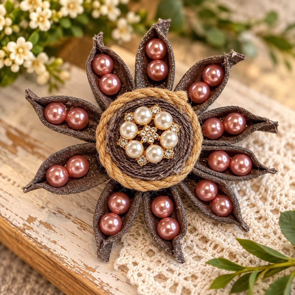 Handmade Fabric Flower Magnetic Magnet Brown Shimmer Pearl Rhinestone Twine 5